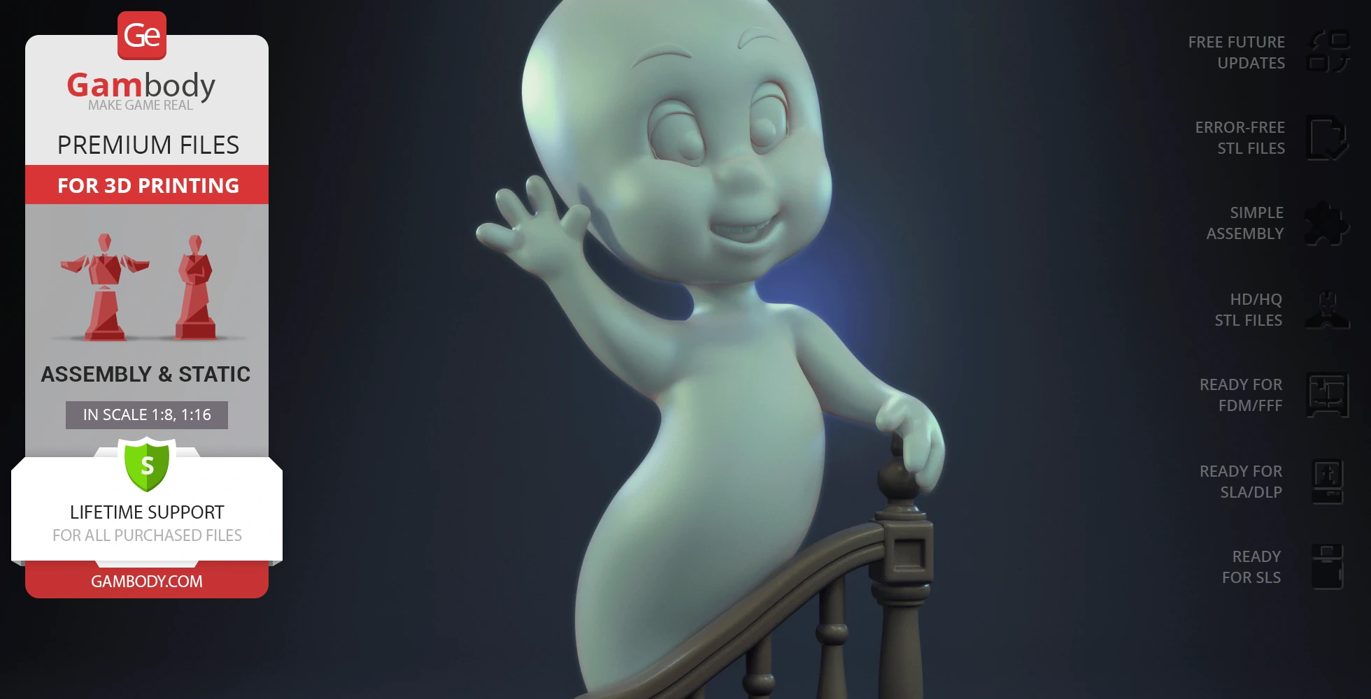 A playful ghost figure in a flying pose, waving and smiling, atop a staircase railing.