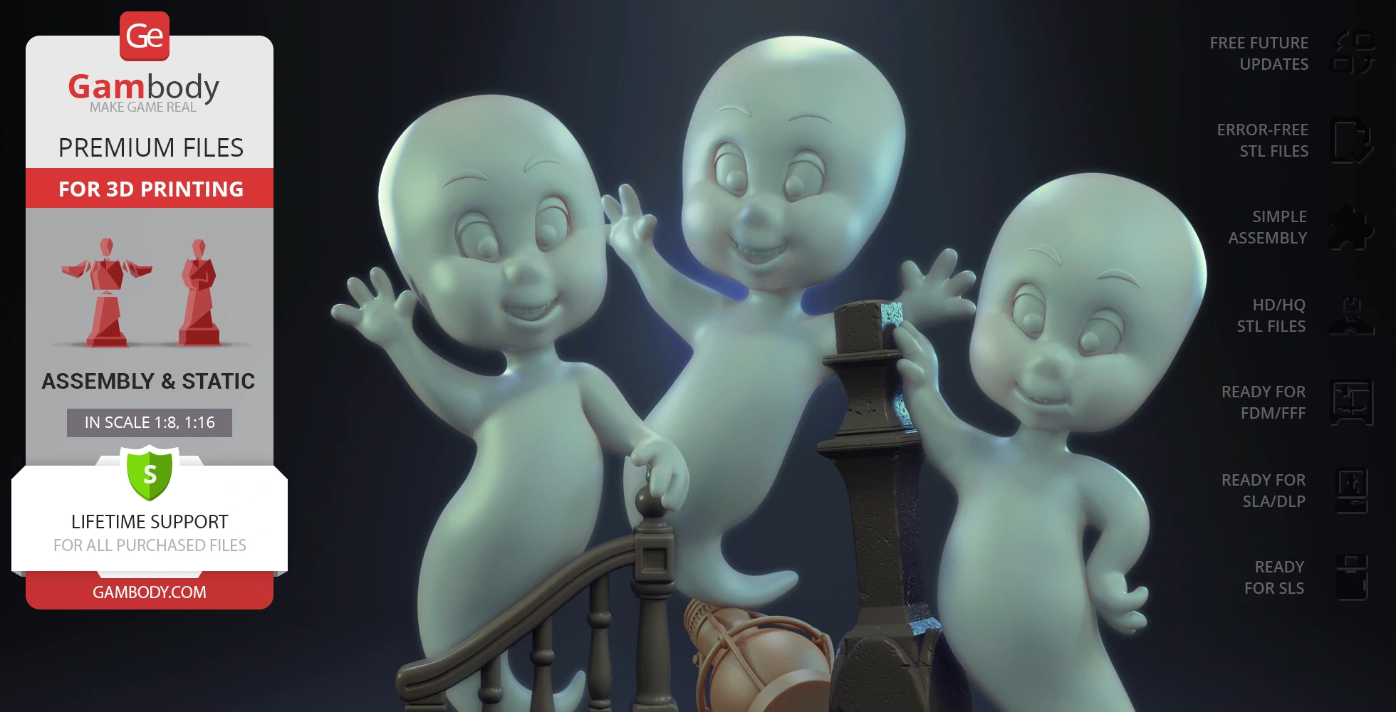 Three smiling ghost figures in playful poses near a staircase and a vintage lamp.