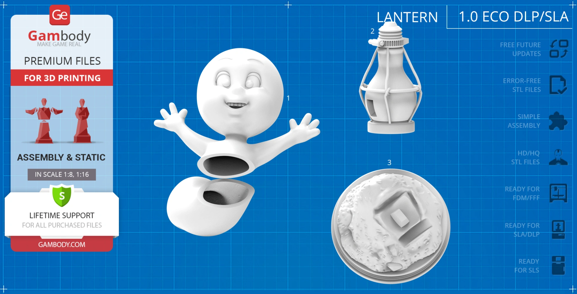 3D model of a smiling ghost with a detachable body and a lantern, designed for 3D printing.