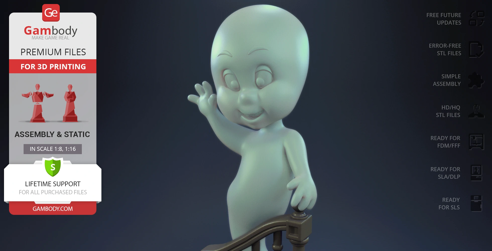A 3D model of a friendly ghost in a waving pose, perched, as shown on Gambody's 3D printing site.