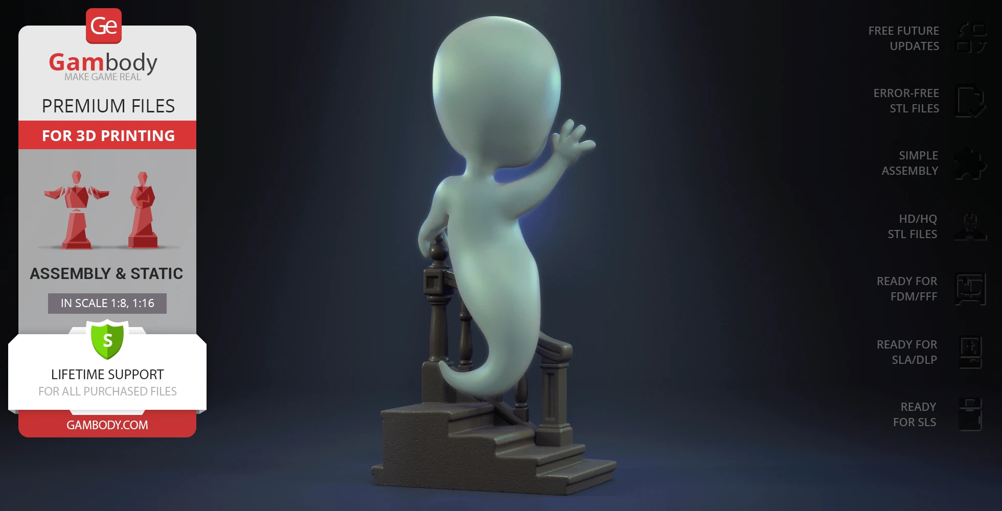 A ghost figure in a waving pose on stairs, designed for 3D printing.