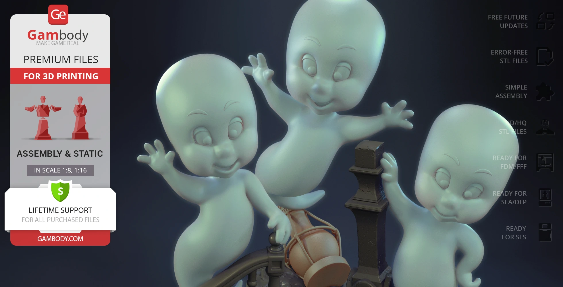 Three cartoonish ghost figures in playful flying poses around a staircase banister.