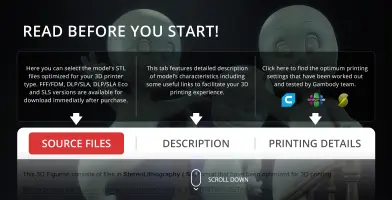 Ghostly figures in the background with text about 3D printing files and options on Gambody.
