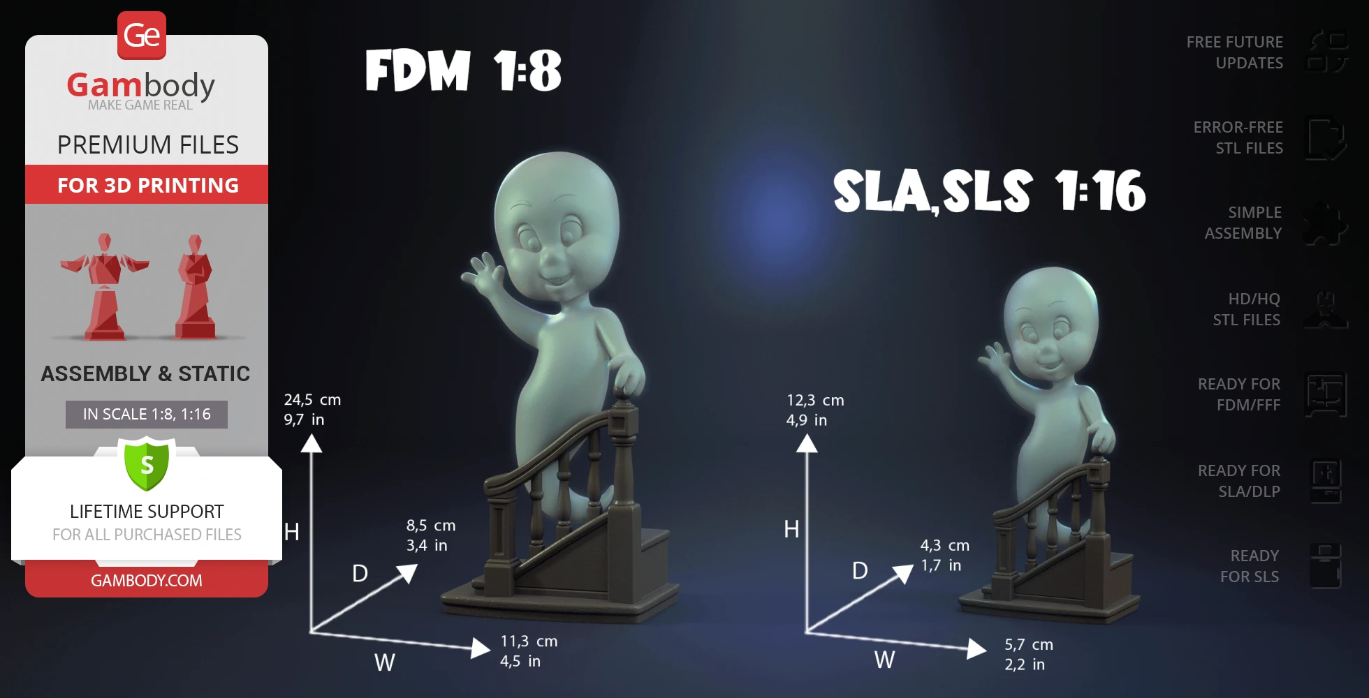 3D model of a friendly ghost in a flying pose, waving while perched on a staircase banister.