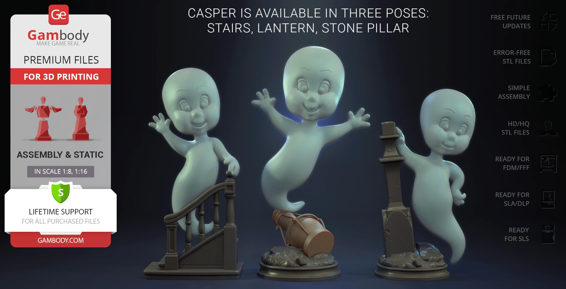 Three 3D models of a ghost in various playful poses with stairs, a lantern, and a stone pillar.