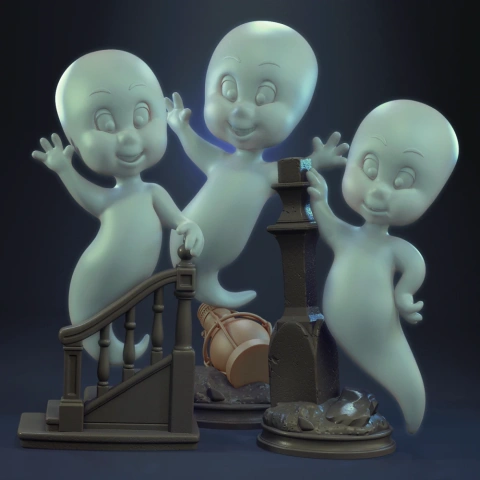 Three cheerful ghost figures with raised hands pose around stairs and gravestones.