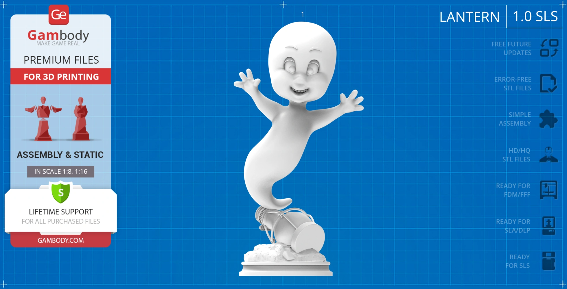 A 3D model of a smiling ghost in a flying pose, standing on a base with a broken flashlight.