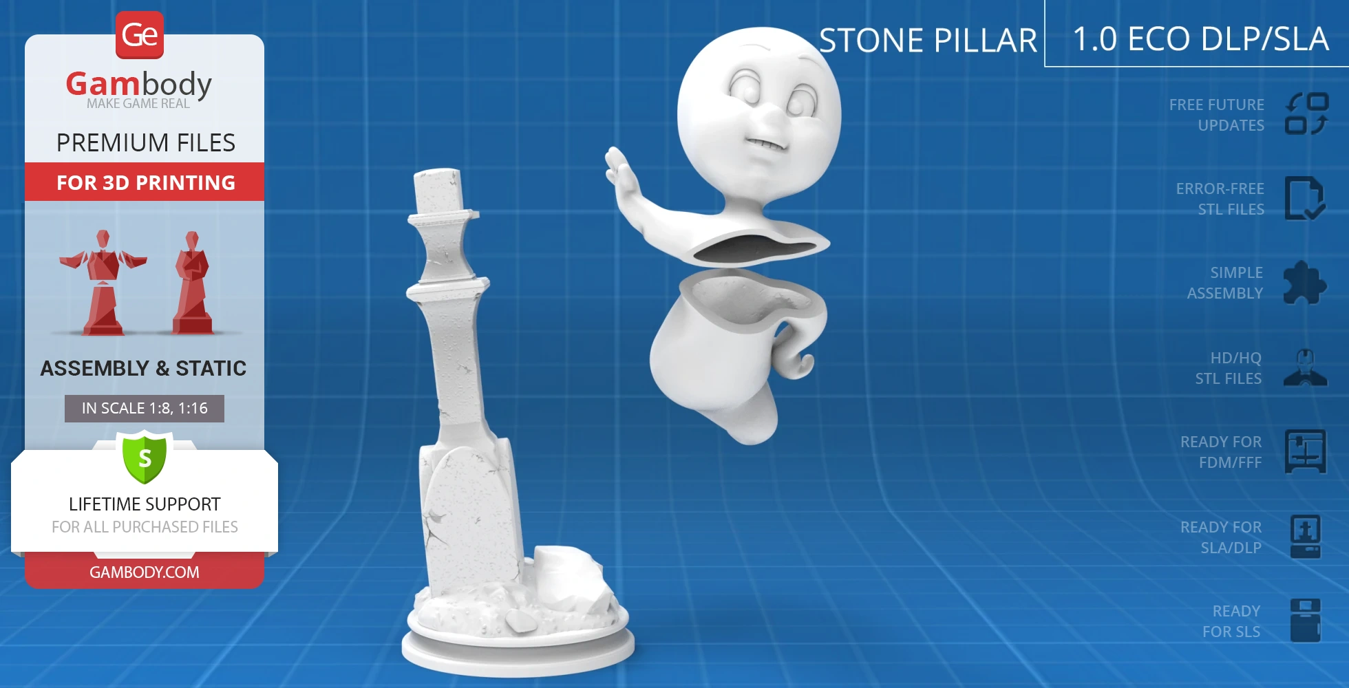 A 3D model of a smiling ghost in a playful, flying pose next to a stone pillar.