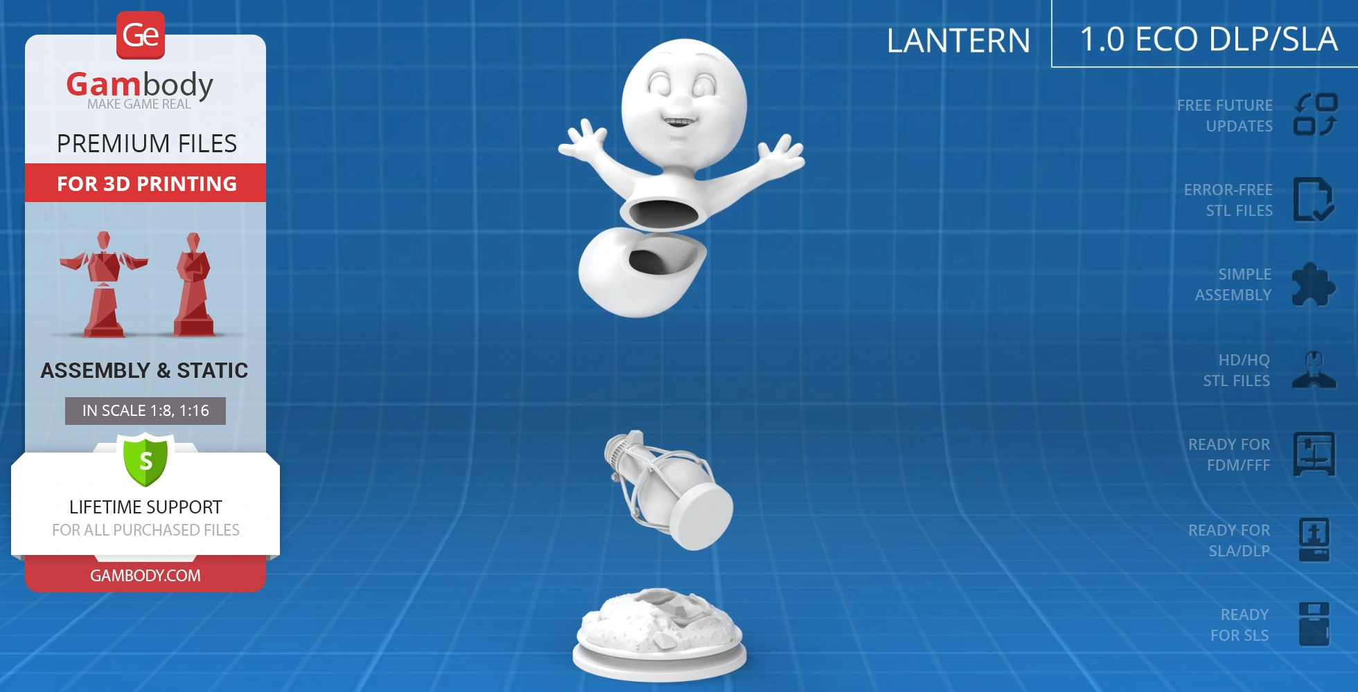 3D model of a smiling ghost in a flying pose with arms outstretched, separated into parts for printing.