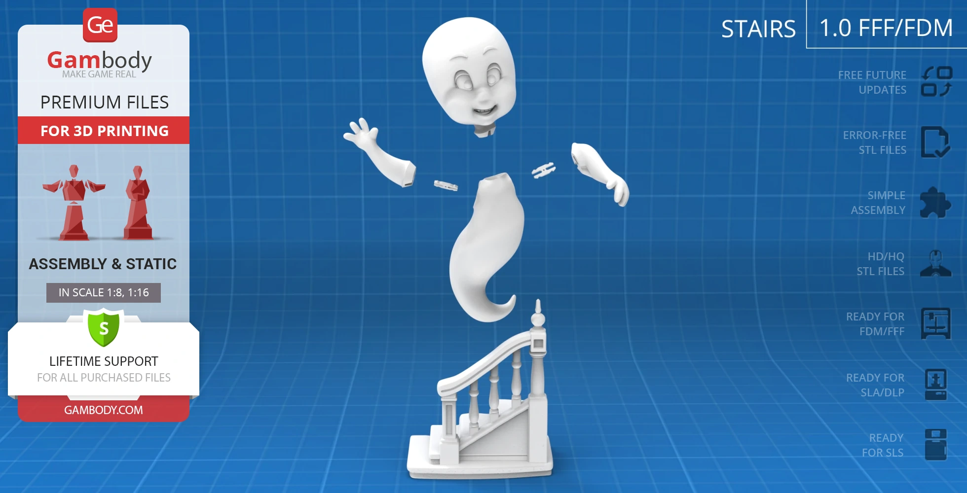 3D model of a friendly ghost with parts for assembly, hovering over a staircase base.