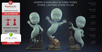 Three 3D models of a ghost in various playful poses with stairs, a lantern, and a stone pillar.