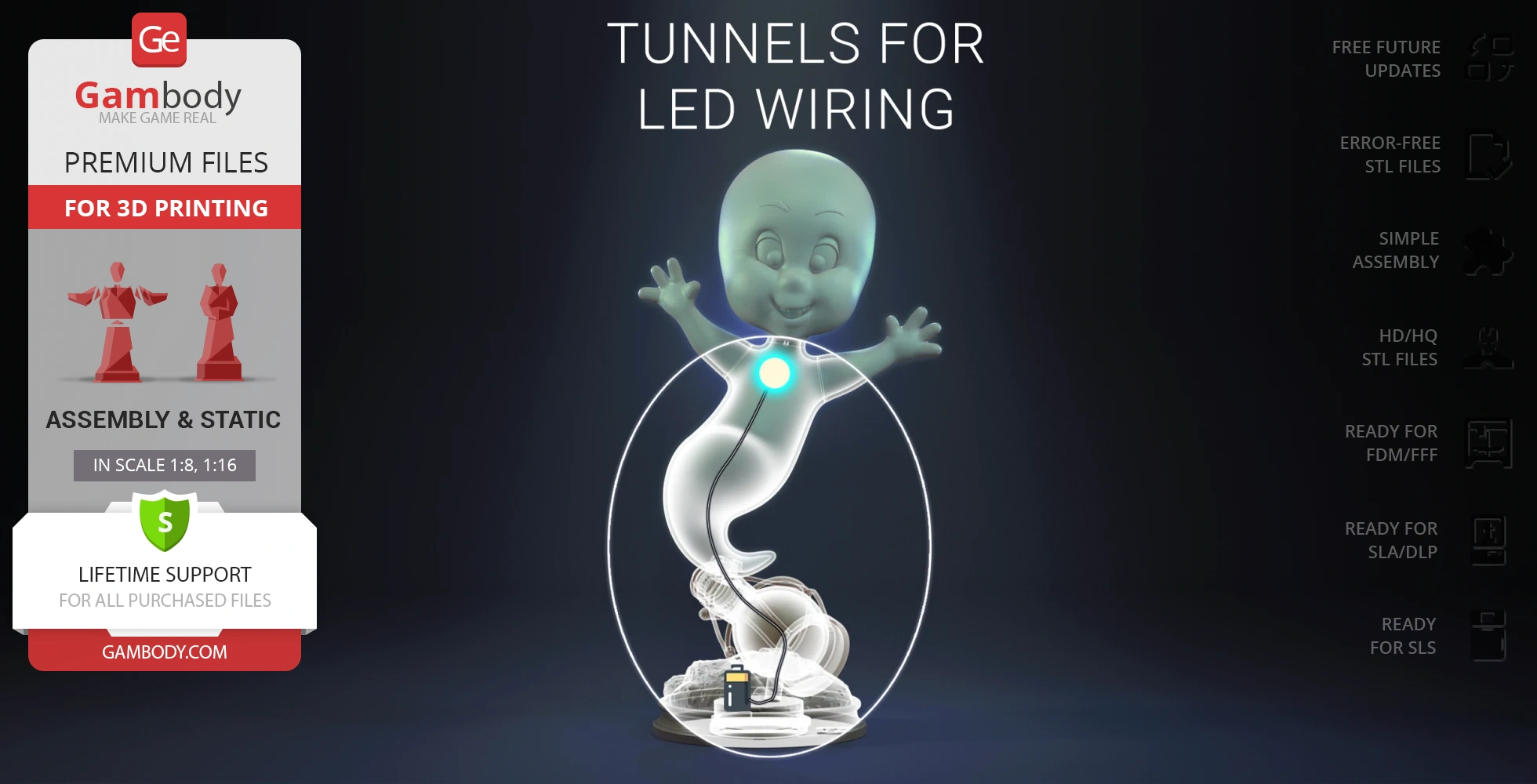A 3D model of a ghost figure in a flying pose, with wiring tunnels for LEDs visible.