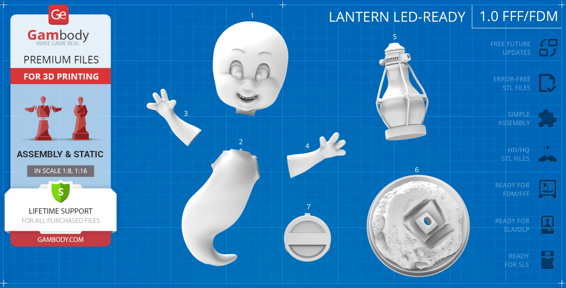 3D model assembly kit of a ghost in a flying pose, includes head, arms, body, lantern, and base.