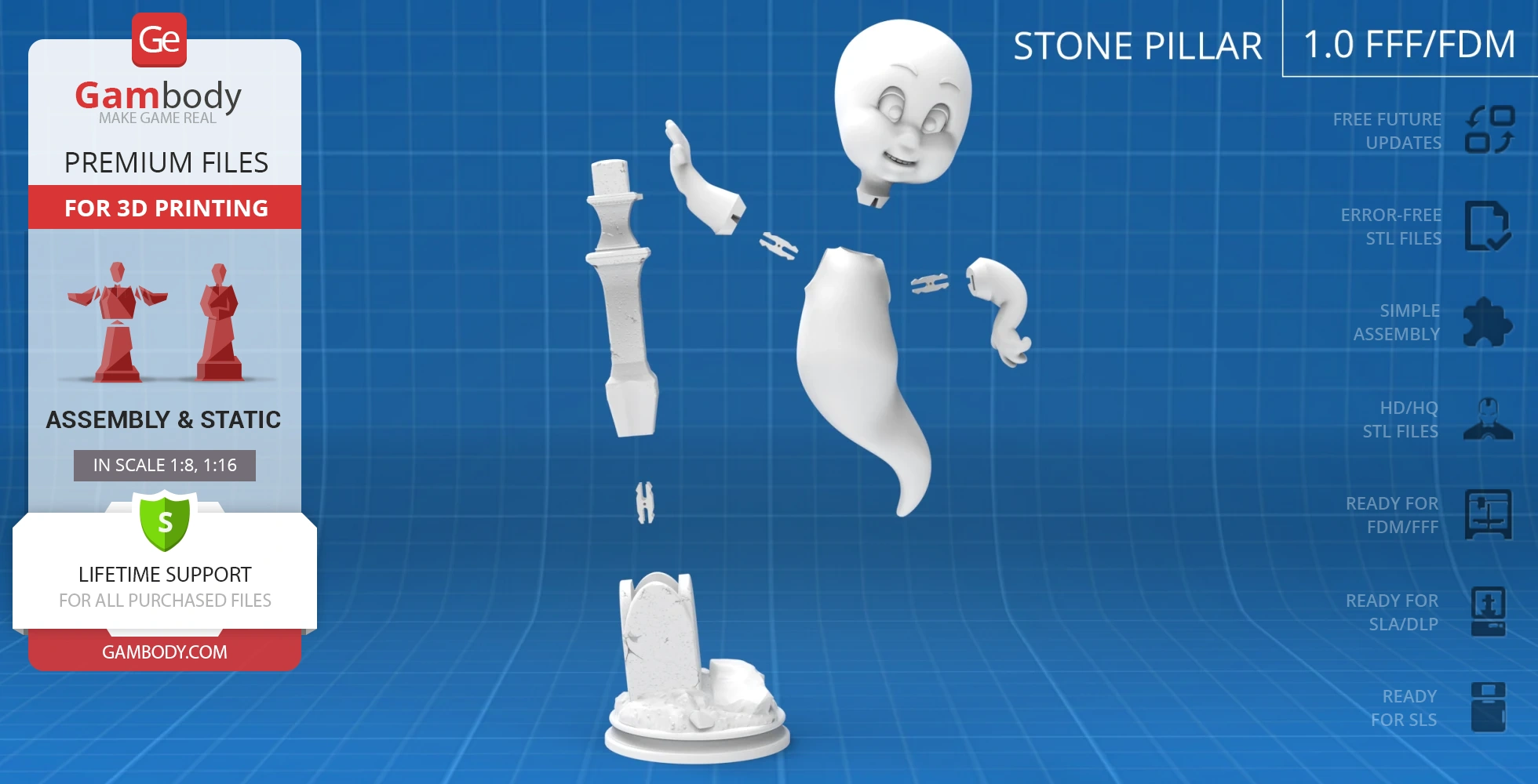 3D model of a disassembled ghost with a smiling face, arms, and tail above a broken stone pillar base.