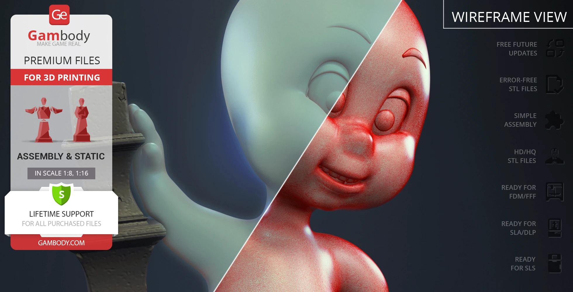A 3D model of a friendly ghost smiling, with a split view showing solid and wireframe renderings.