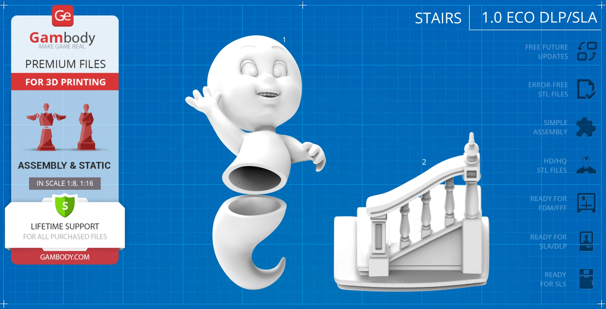 A cartoon ghost in a flying pose and a decorative stair model for 3D printing on a blueprint background.