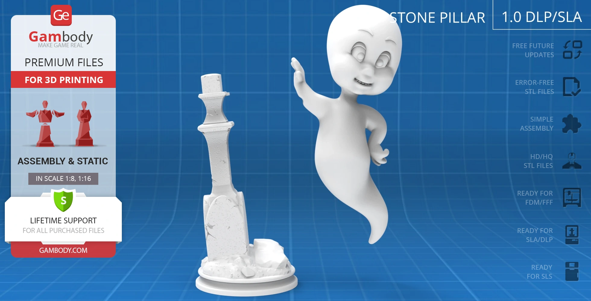 Cartoon ghost in flight pose with a waving hand, next to a decorative stone pillar on a circular base.