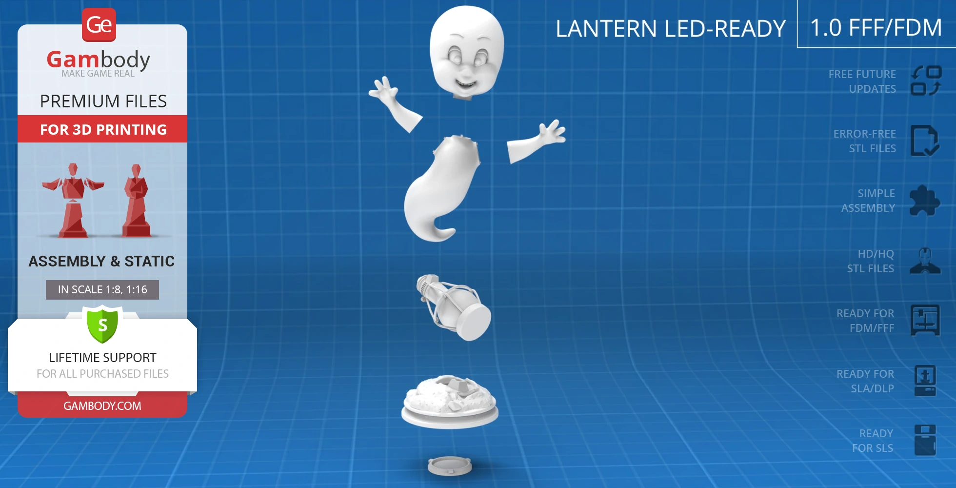 3D model of a ghostly figure in pieces, designed for 3D printing with assembly instructions.