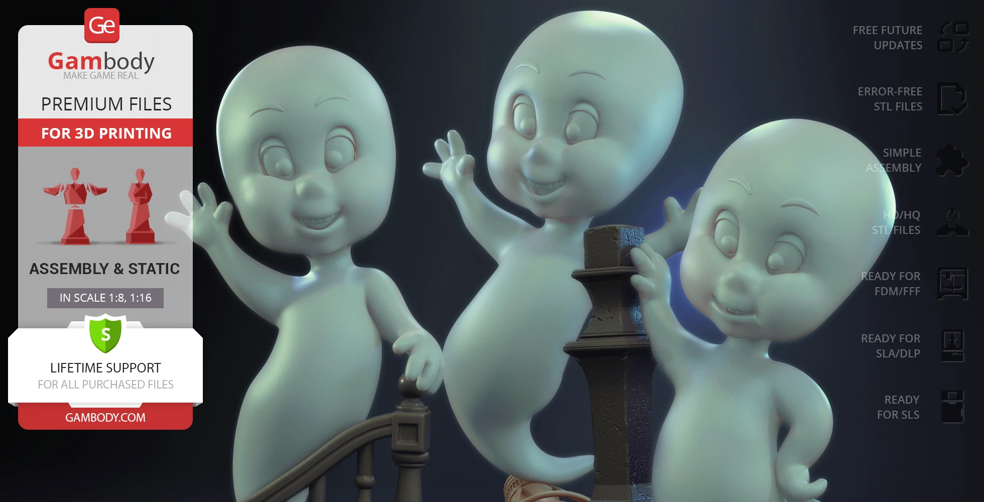 Three cute ghost figures in playful, flying poses around a lamp post.