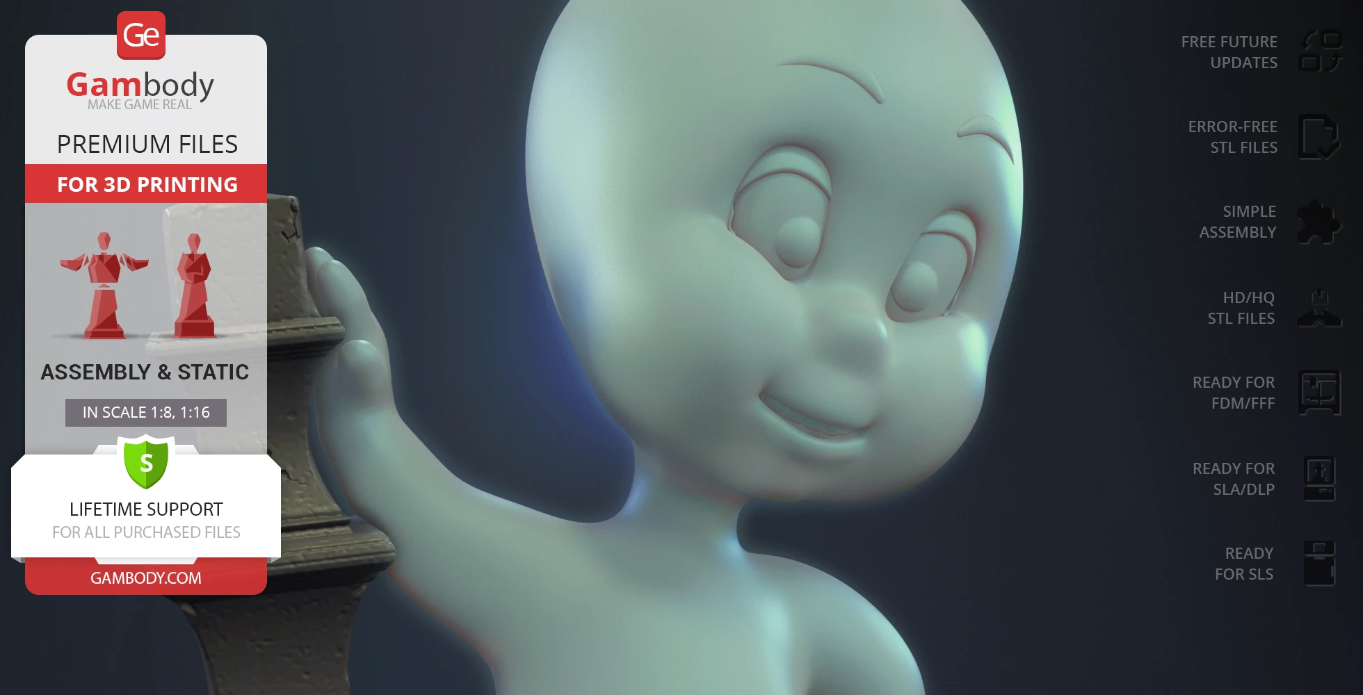 Cute ghost character in a playful flying pose, smiling with eyes closed, perfect for 3D printing.