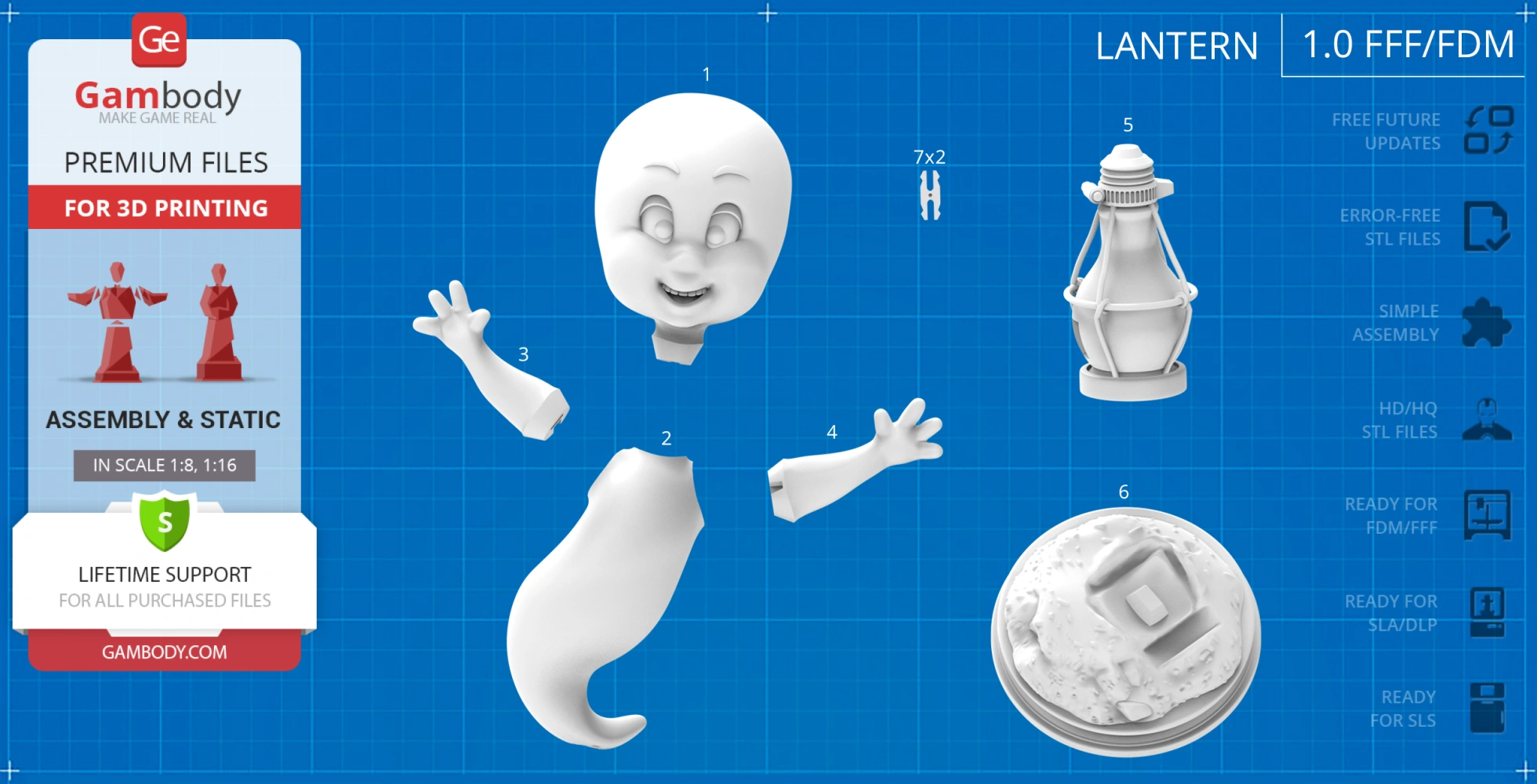 A 3D model assembly of a smiling ghost with lantern and base, designed for 3D printing.
