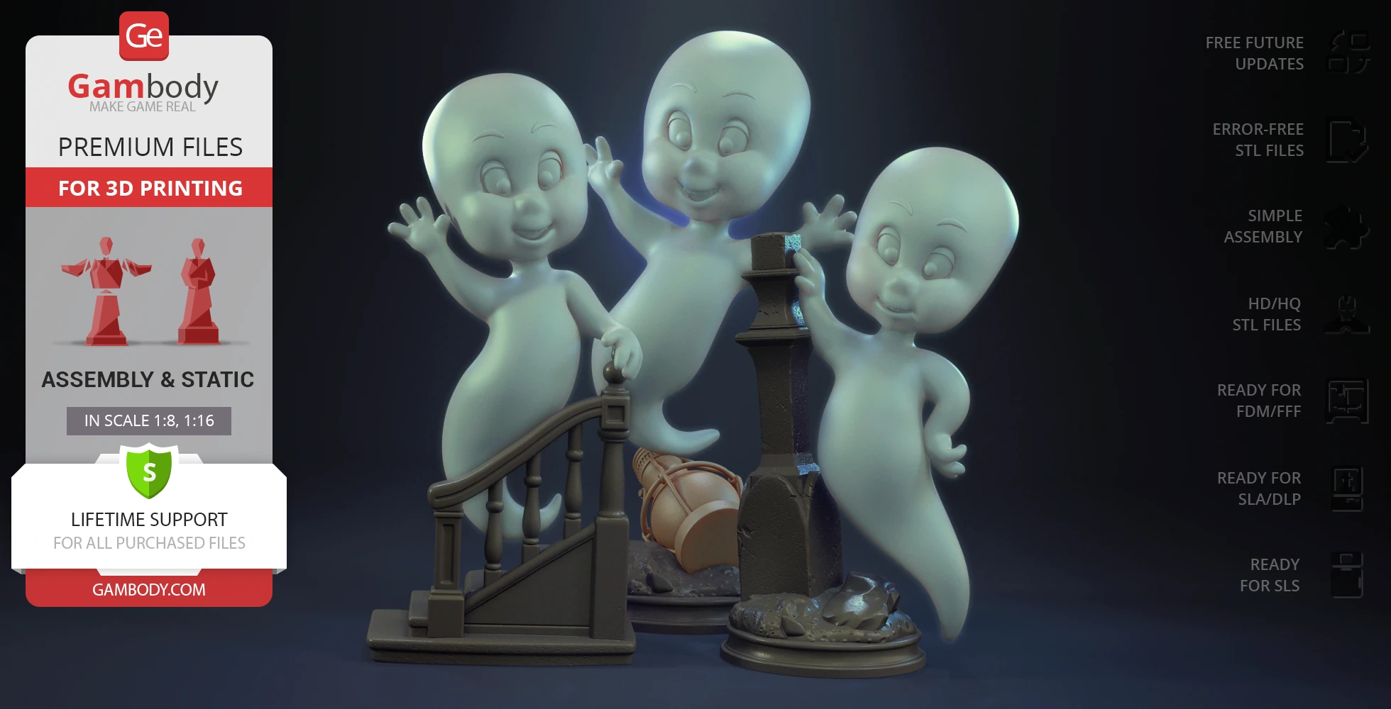 Three friendly ghost figures in flying poses, waving near a staircase and a lamp post.