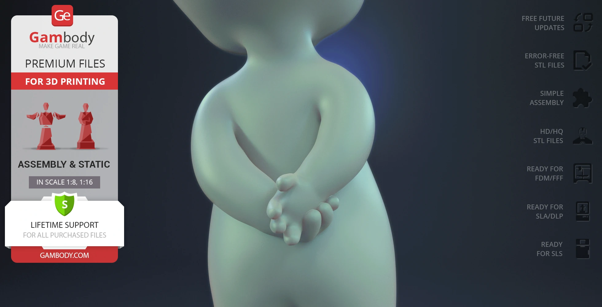 Cartoon ghost figure standing with hands clasped behind, ready for 3D printing.