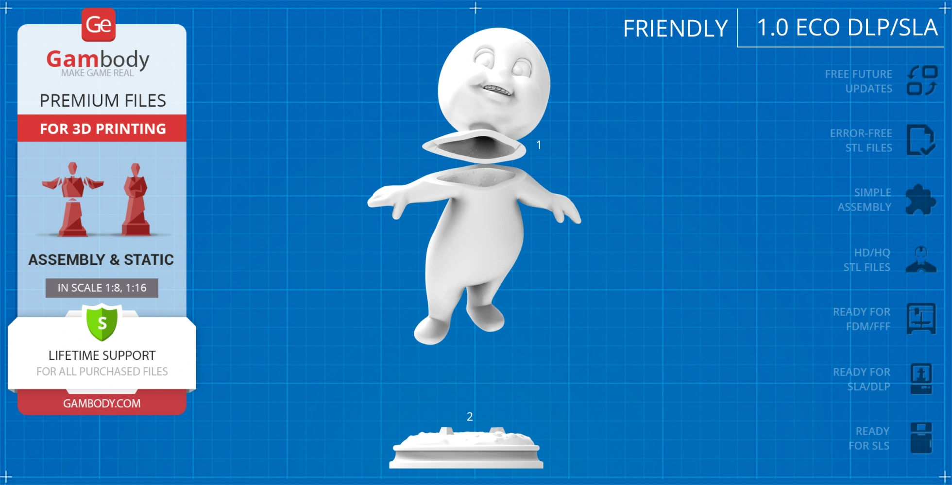 3D model of a cartoon ghost with a detached head and playful pose, set against a blueprint background.