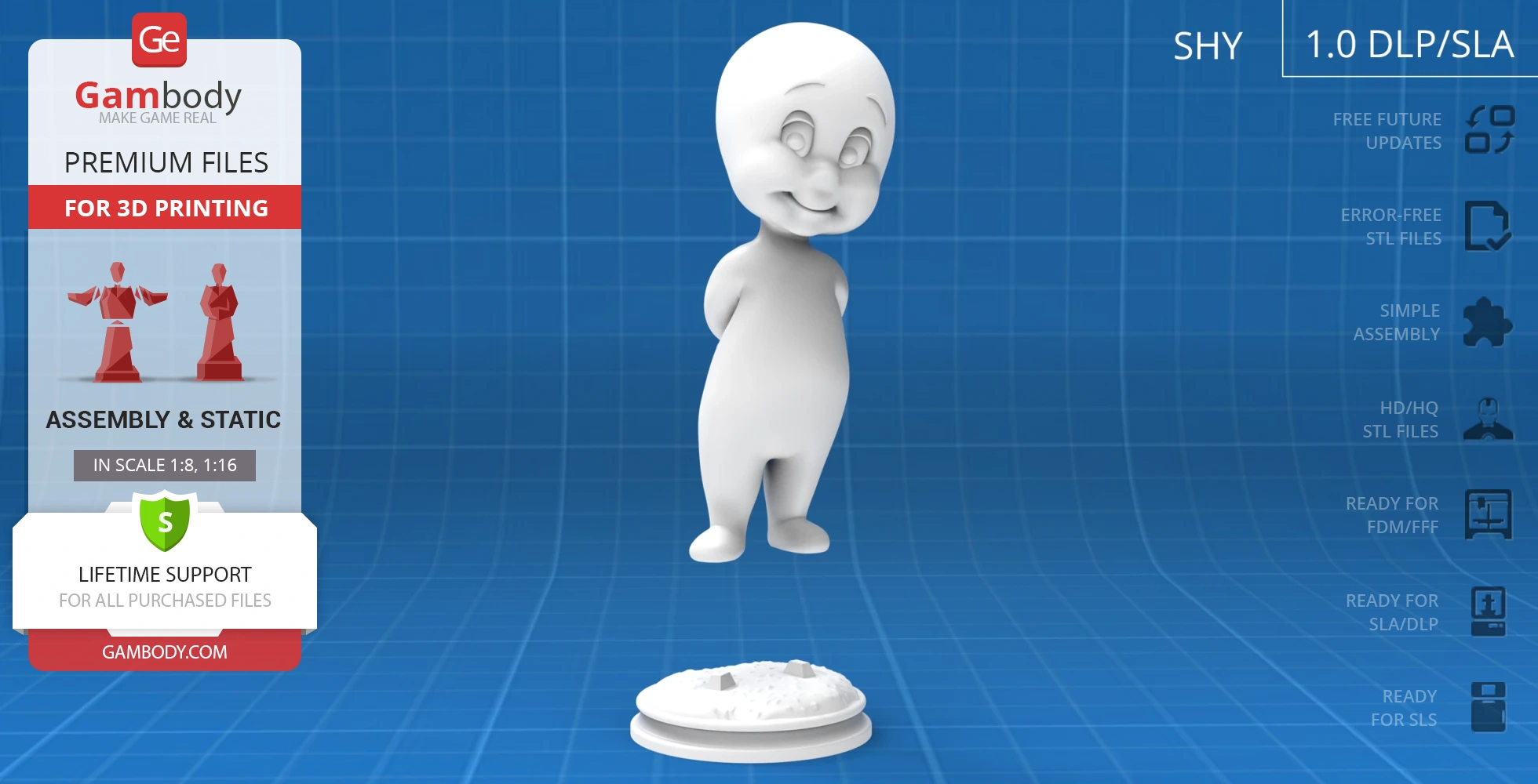 A cartoonish ghost figurine, smiling with hands behind back on a display stand, ready for 3D printing.