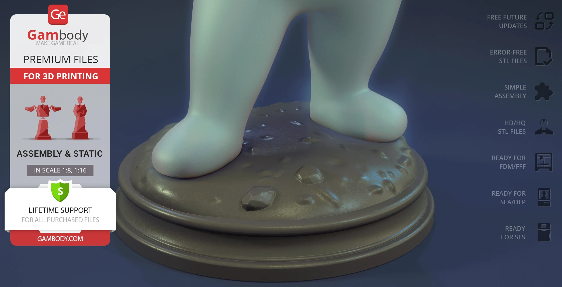 3D model of Casper's feet standing on a textured base, designed for 3D printing.