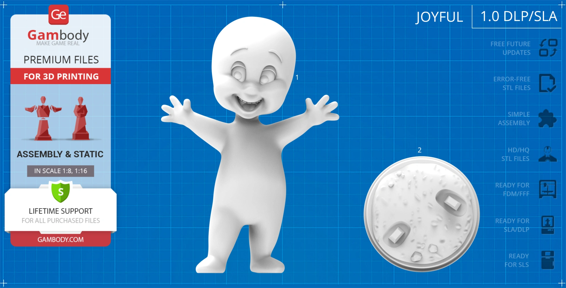 Smiling ghost character with arms outstretched for 3D printing, against a blueprint background.