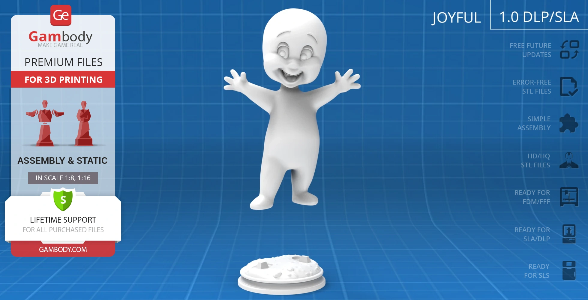 A 3D model of a cartoony ghost with open arms, smiling, and standing on a round base.