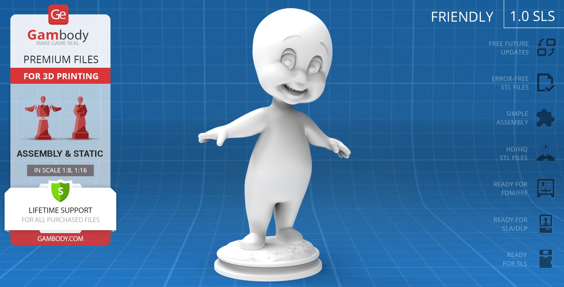 A cartoonish ghost figure with a smiling face, standing on a round base with outstretched arms.