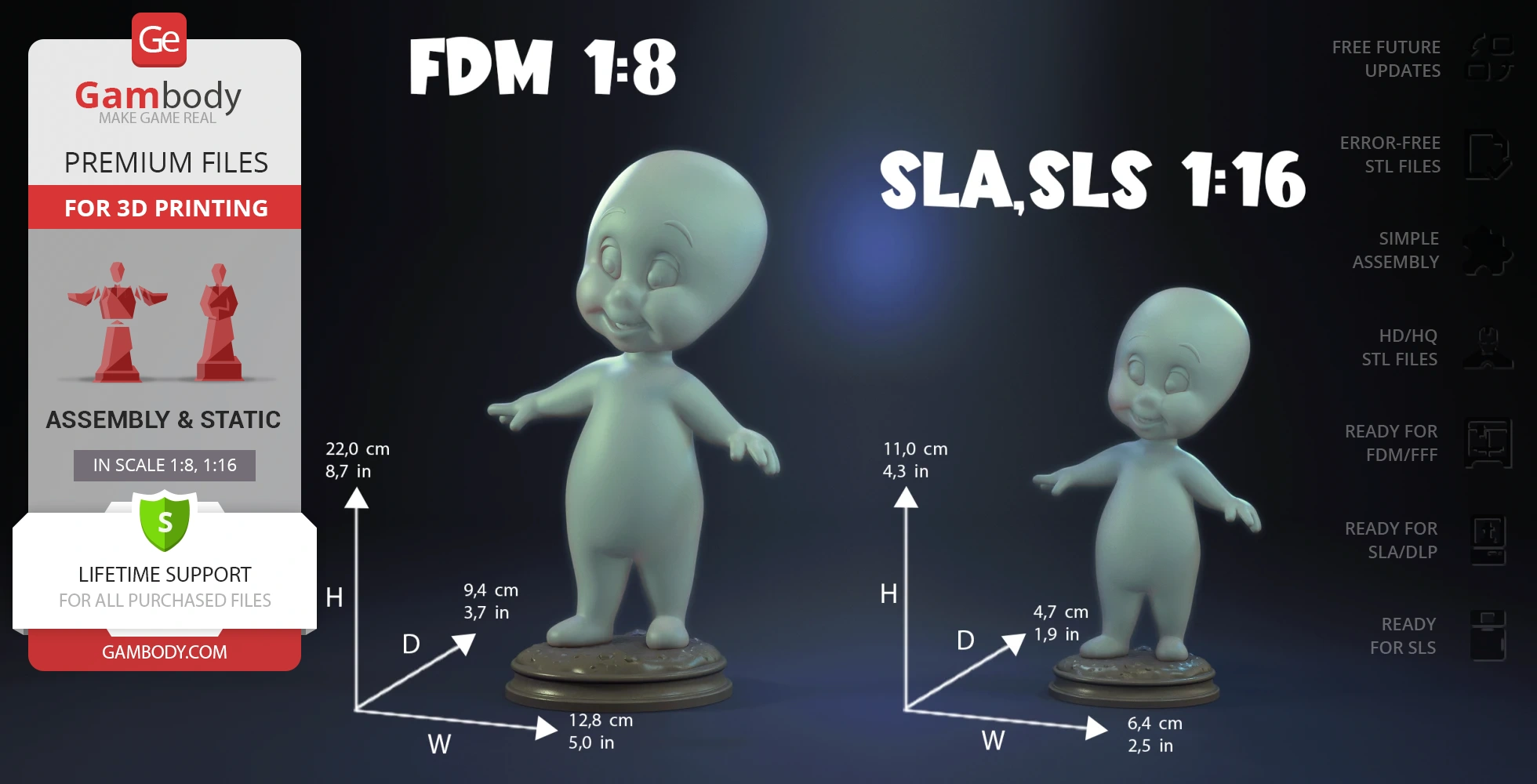 3D model of a cartoon ghost character in a standing pose, available for 3D printing in different scales.