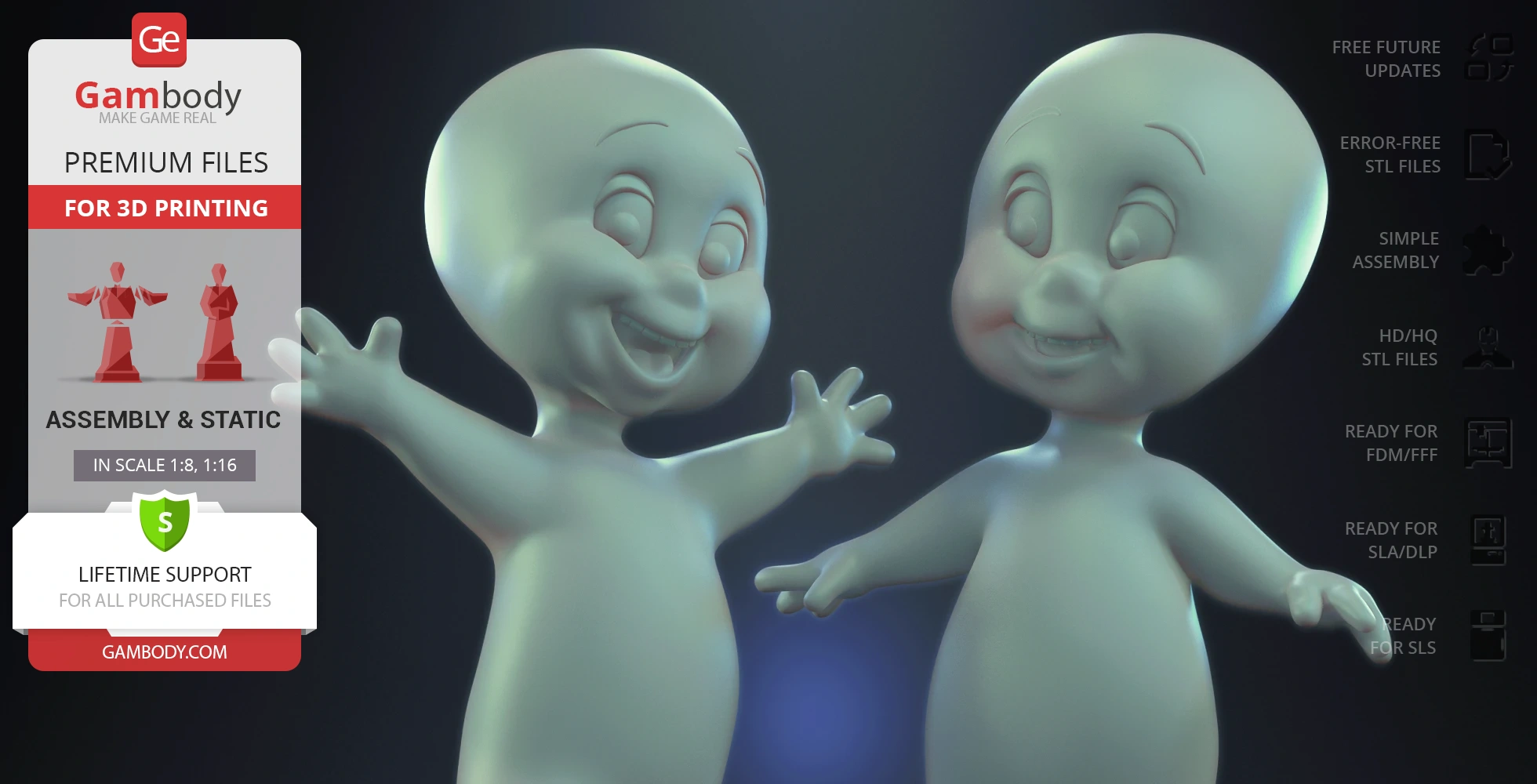 Two cartoon ghost figures smiling with arms extended, ready for 3D printing.