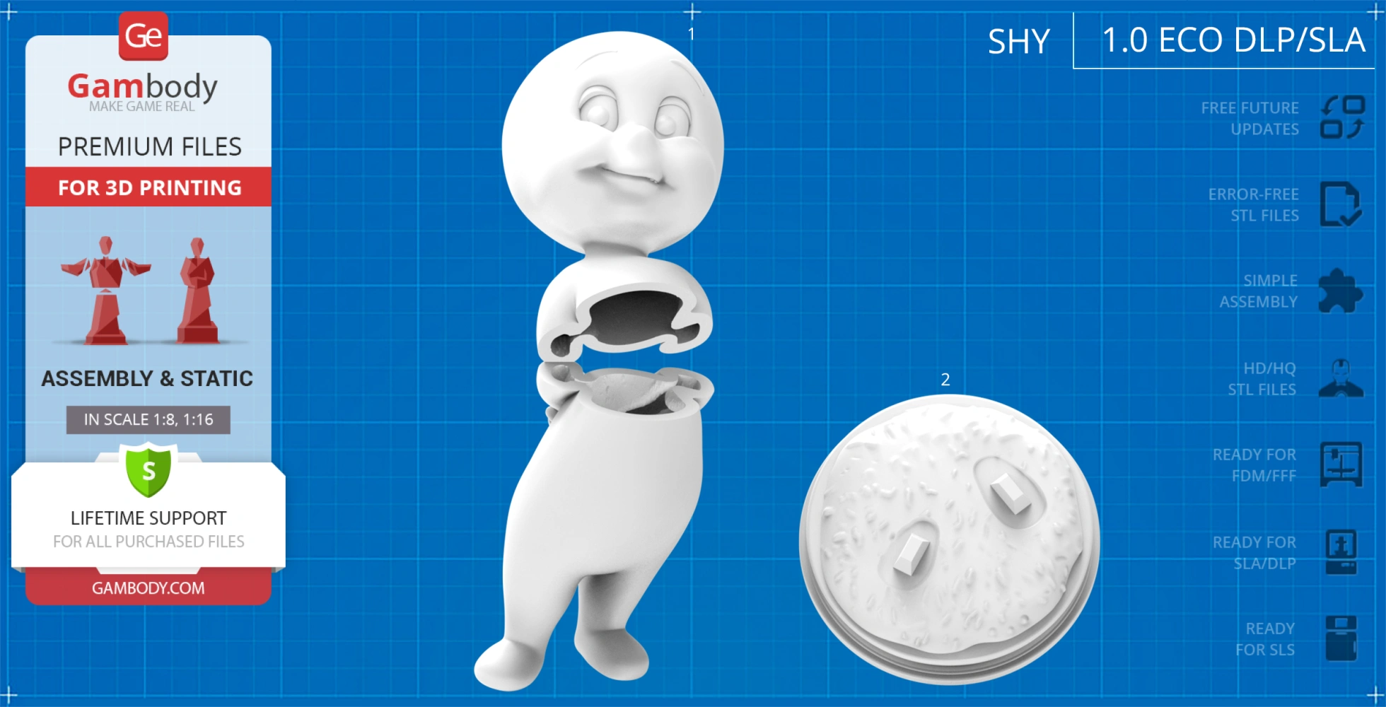 3D model of a smiling cartoon ghost standing with separated torso and head for assembly.