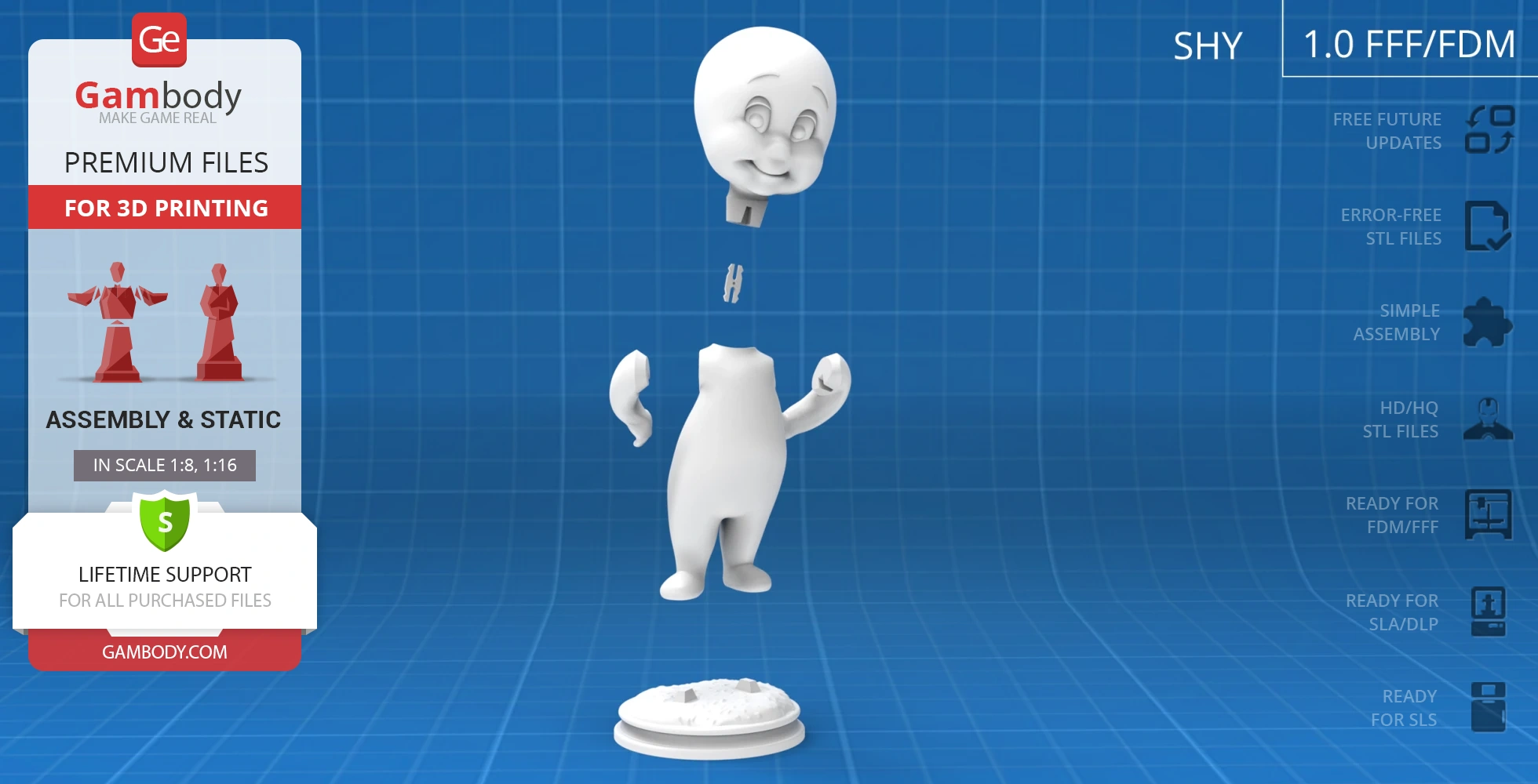 3D model of a cartoon ghost in parts with a detached head, torso, and arms on a blue grid background.