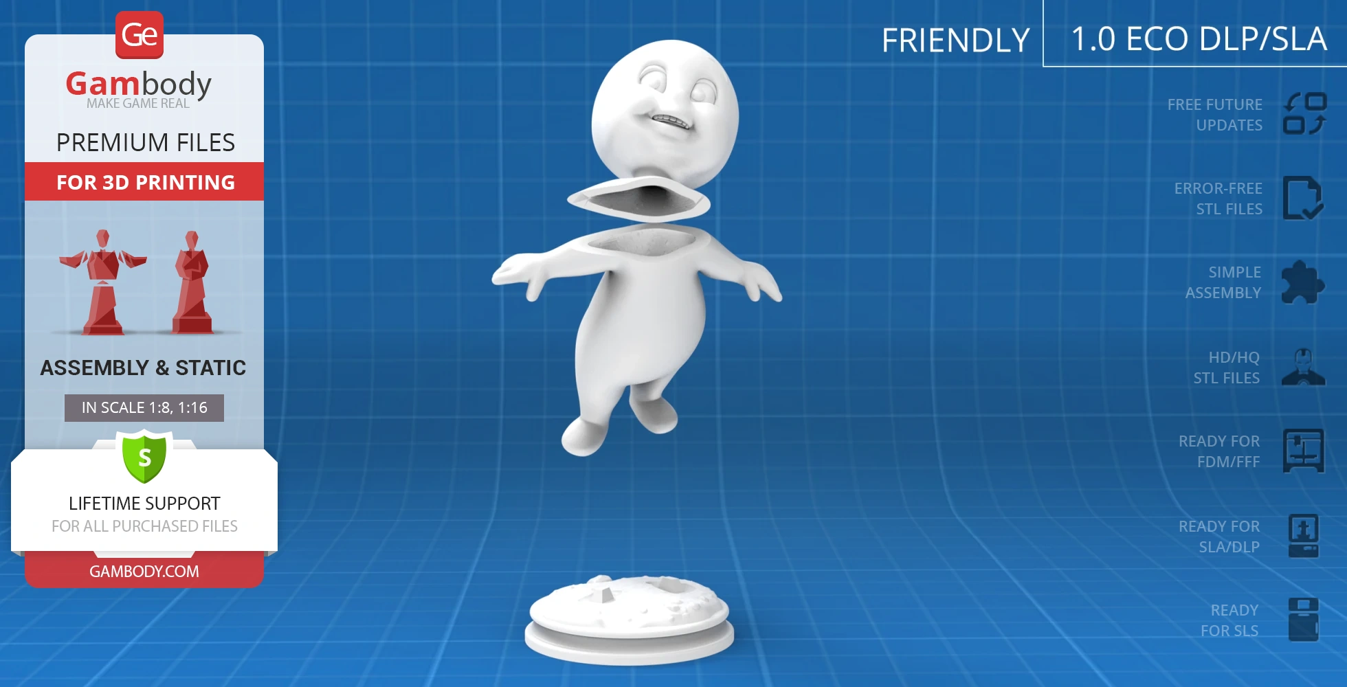 A 3D model of a cartoon ghost in a standing pose, segmented in half, floating above a round base.