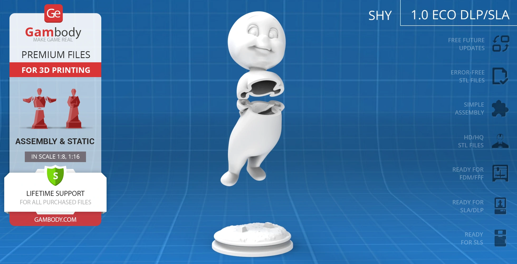 Cute ghost in standing pose, smiling, for 3D printing, split at torso, on display platform.