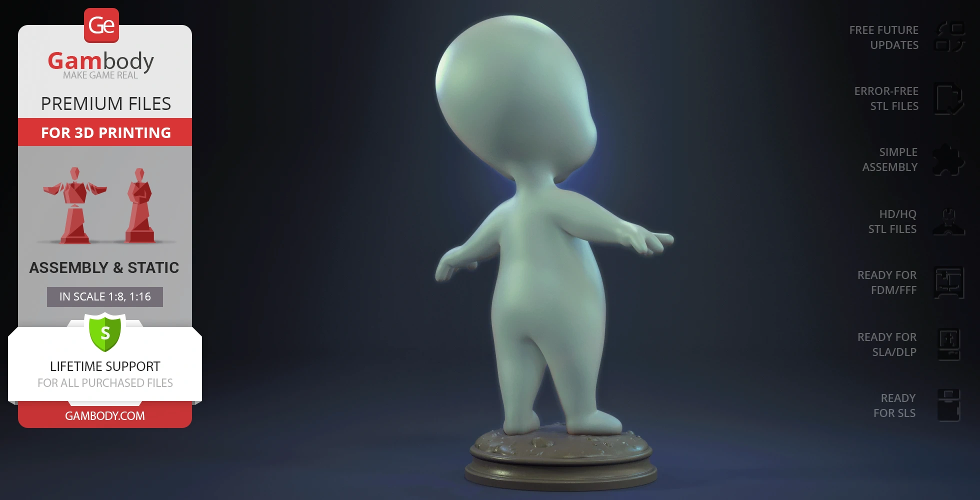 3D model of a cartoon ghost character in a standing pose on a base, ready for 3D printing.