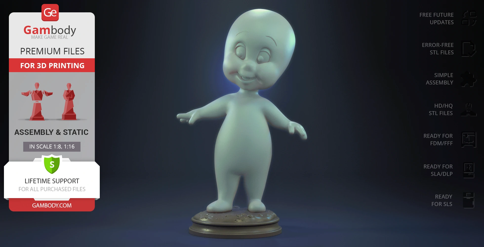 A cute, cartoonish ghost standing on a base with arms outstretched, ready for 3D printing.