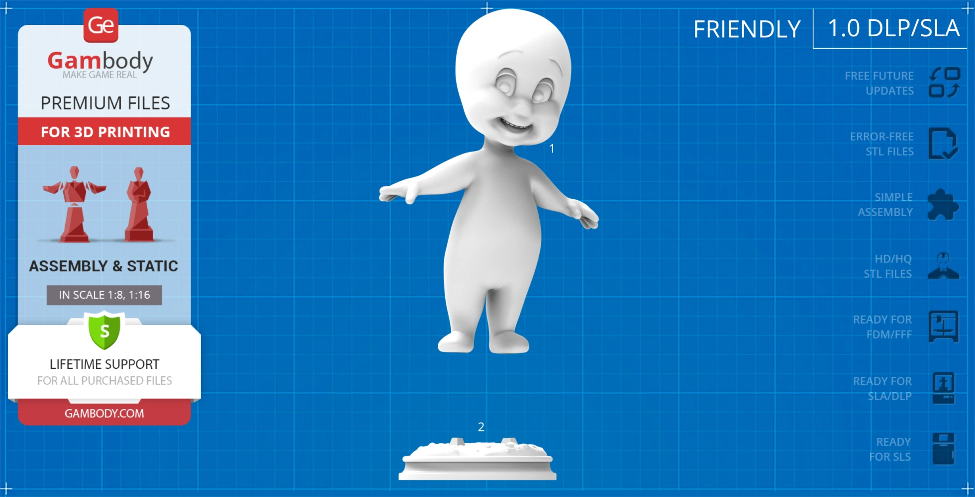 3D model of a friendly ghost character in a standing pose, ready for 3D printing.