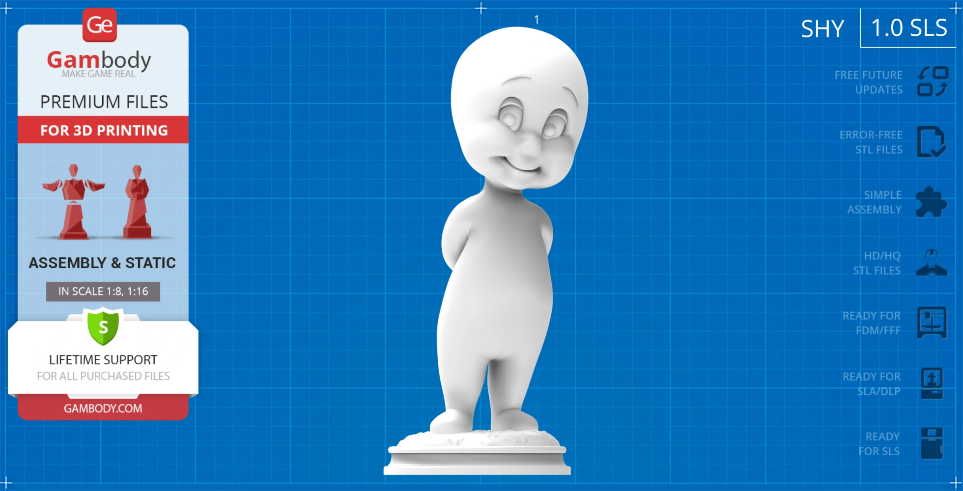 A smiling cartoon ghost in a standing pose with hands behind its back, on a display base.