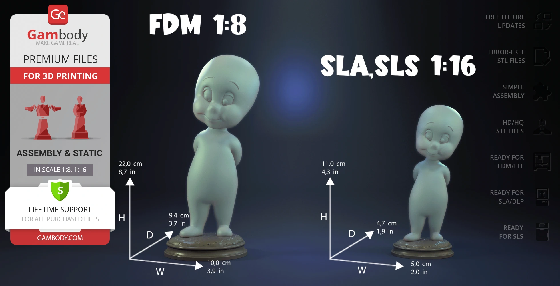 Two Casper 3D models, standing pose, scaled at 1:8 and 1:16, on display with dimensions noted.