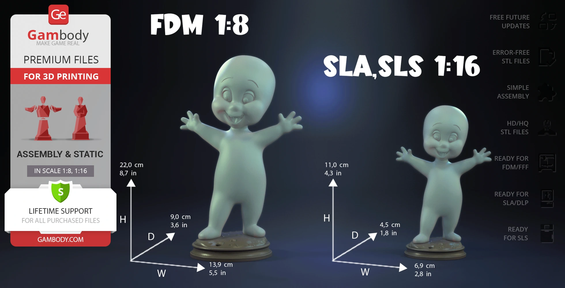 3D print model of a smiling, friendly ghost on a base, with arms wide, in two size variations.
