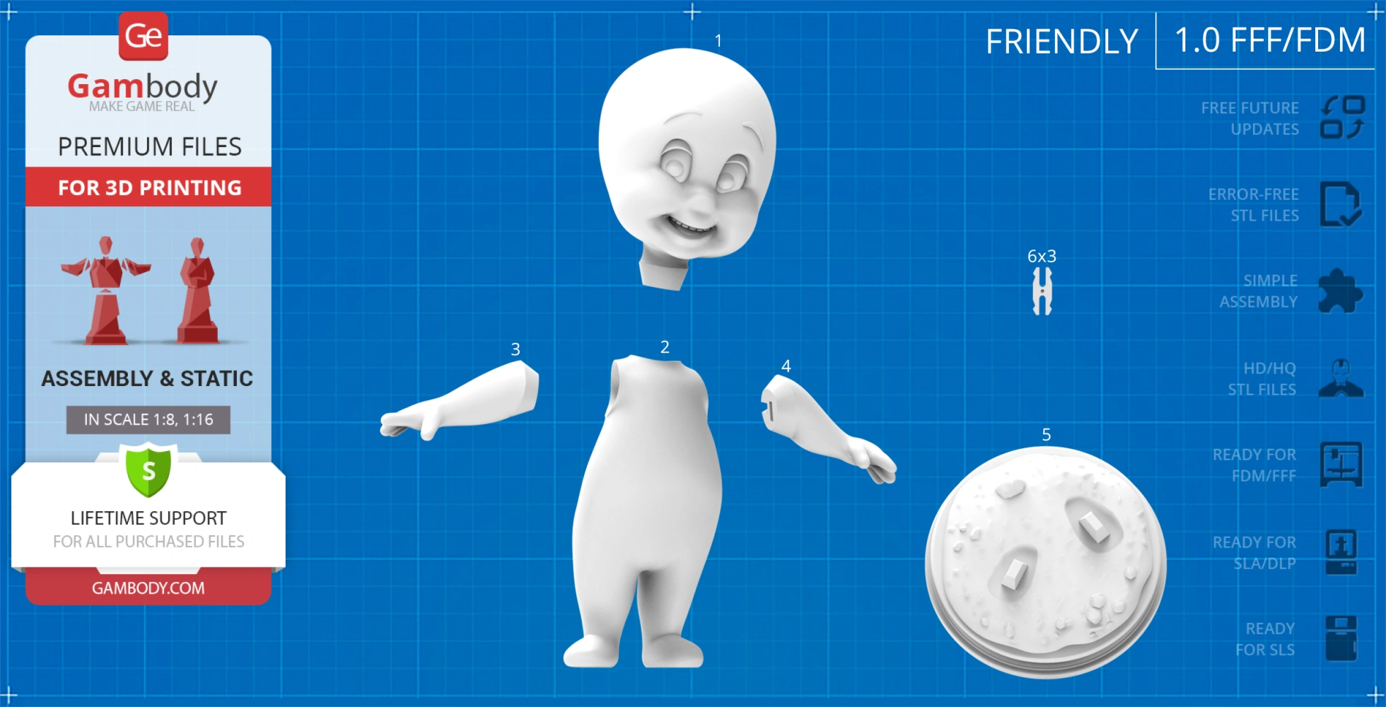 3D printable model of a friendly ghost figure, with labeled assembly parts and base.