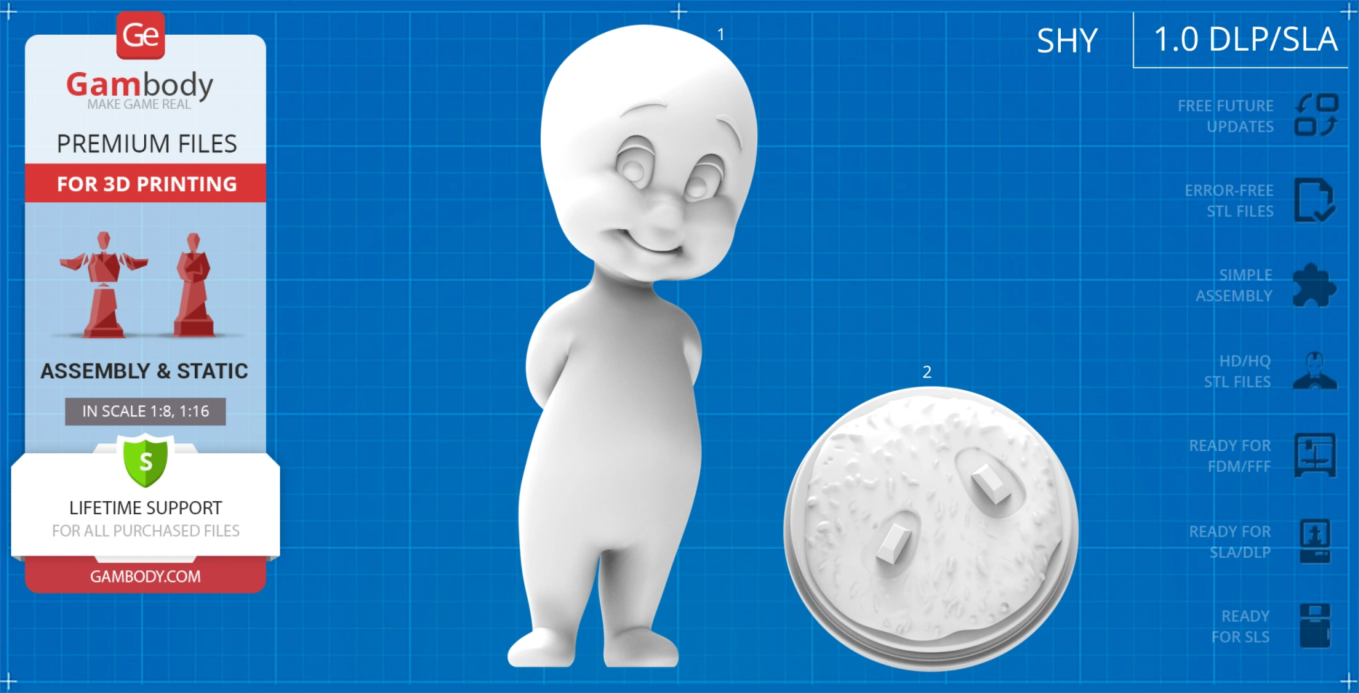 3D model of a friendly ghost in a standing pose with a base for 3D printing.