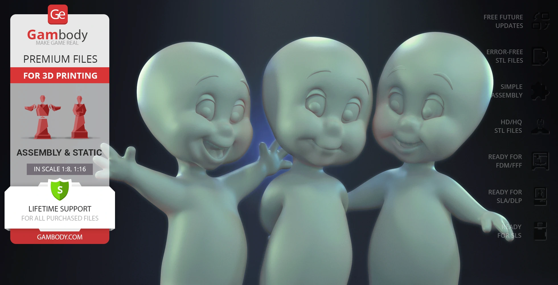 Three cute ghostly figures in playful poses, with smooth features and rounded shapes for 3D printing.