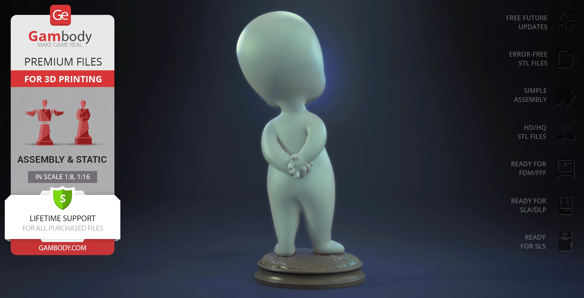 A stylized ghost-like figure standing on a round base, hands clasped, ready for 3D printing.