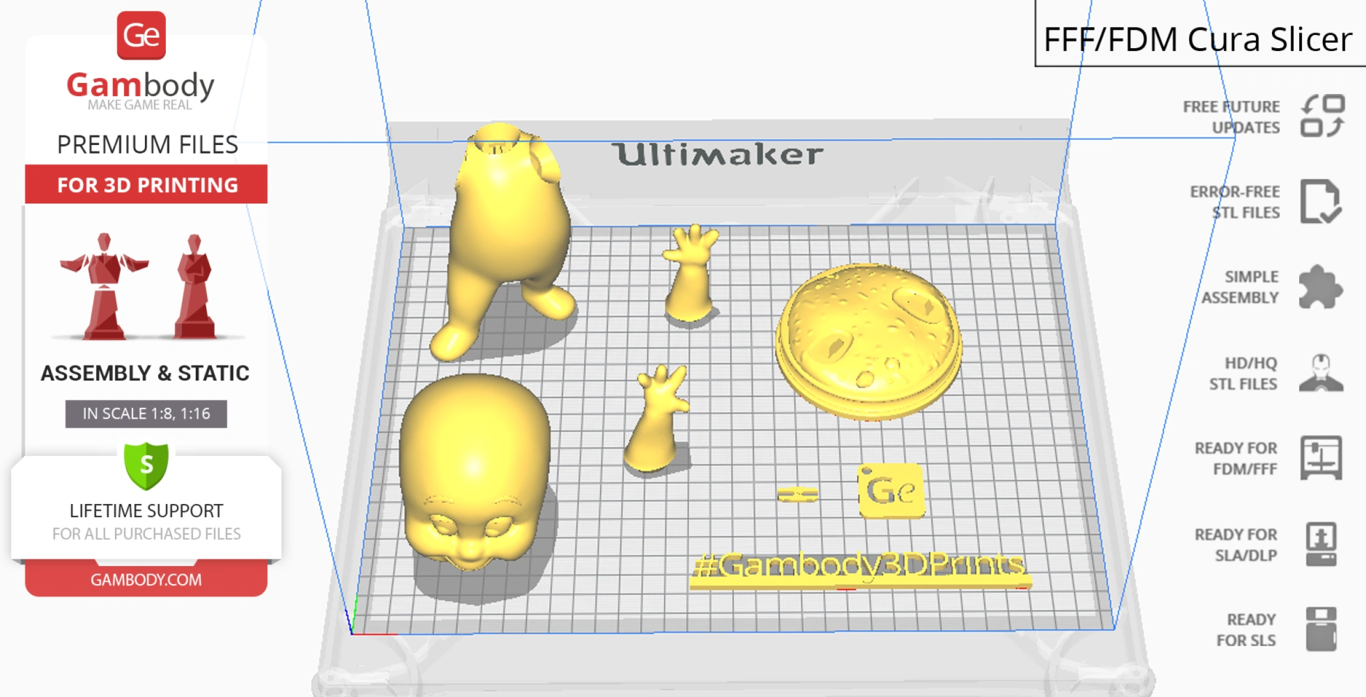 3D model pieces for Casper in a standing pose displayed in a Cura slicer for 3D printing.